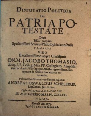 Disputatio Politica De Patria Potestate