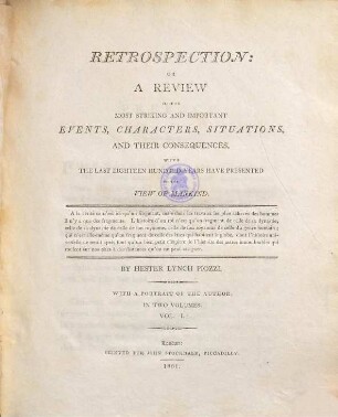 Retrospection, or, A review of the most striking and important events, characters, situations, and their consequences, which the last eighteen hundred years have presented to the view of mankind. 1