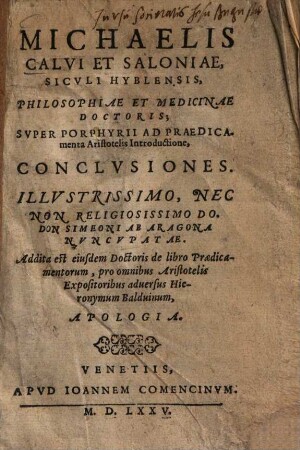 Michaelis Calvi Super Porphyrii ad praedicamenta Aristotelis introductione conclusiones