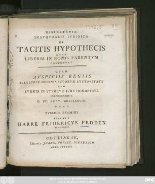 Dissertatio Inavgvralis Ivridica De Tacitis Hypothecis Qvae Liberis In Bonis Parentvm Competvnt