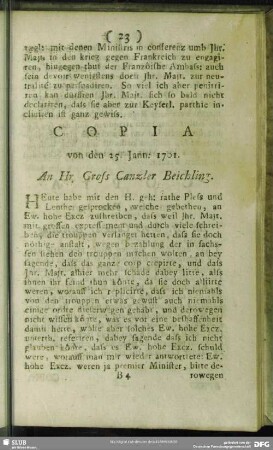 Copia von den 25. Jann: 1701