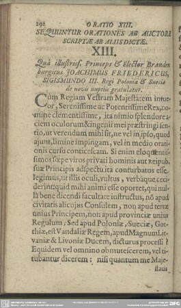 Oratio XIII. Qua illustriss. Princeps & Elector. Brandenburgiens Joachimus Friedericus, Sigismundo III. Regi Poloniae & Sueciae de novis nuptiis gratulatur