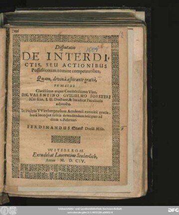 Disputatio De Interdictis, Seu Actionibus Possessionum nomine competentibus