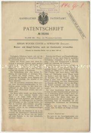 Patentschrift einer Wasser- und Dampfturbine, auch als Kondensator verwendbar, Patent-Nr. 38266