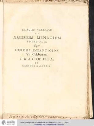 Claudii Salmasii ad Aegiudium Menagium Epistola