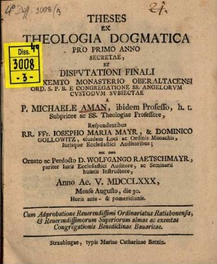 Theses ex theologia dogmatica pro primo anno selcitae