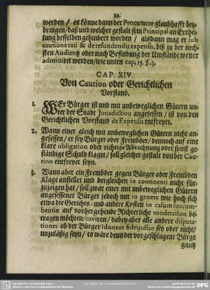Cap. XIV. Von Caution oder Gerichtlichen Vorstand