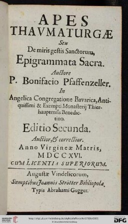 Apes Thavmaturgae Seu De miris gestis Sanctorum, Epigrammata Sacra