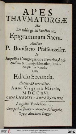 Apes Thavmaturgae Seu De miris gestis Sanctorum, Epigrammata Sacra