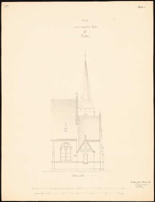 Evangelische Kirche, Modlau Wiederaufbau. 1. Projekt: Aufriss Südseite 1:60, Maßstabsleisten (Meter und Fuß)