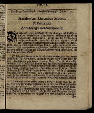 No. 31. Hamburg, Donnerstags, den acht und zwanzigste Januarii 1740.