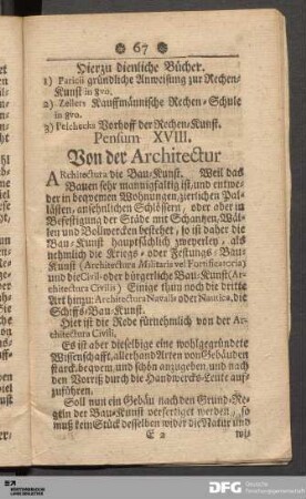 Pensum XVIII. Von der Architectur.
