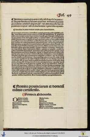 Nomina provinciarum et domorum ordinis cartusiensis.