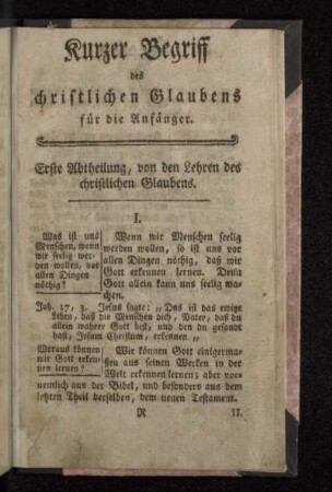 Kurzer Begriff des christlichen Glaubens für die Anfänger.