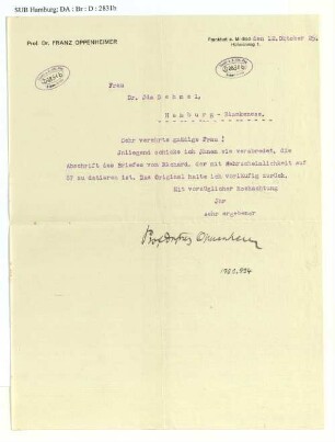 Brief an Franz Oppenheimer
