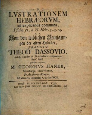 Lustrationem Hebraeorum : ad explicanda commata, Psal. 51, 9. et Hebr. 9, 13, 14