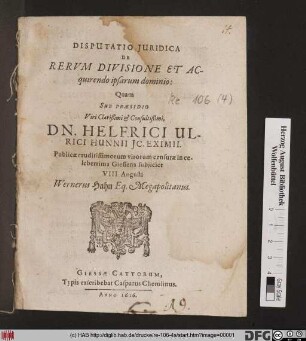 Disputatio Iuridica De Rerum Divisione Et Acquirendo ipsarum dominio