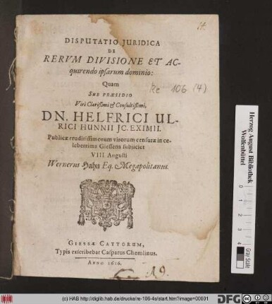 Disputatio Iuridica De Rerum Divisione Et Acquirendo ipsarum dominio