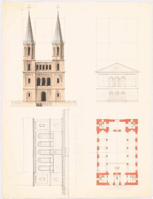 Kirche mit zwei Türmen: 3 Ansichten, Grundriss