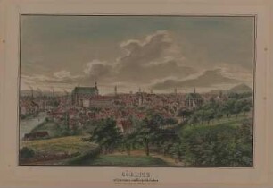 Ansicht von Görlitz, Lithographie, um 1880 : Görlitz aufgenommen vom Bergschlösschen / Aufnahme , Lithographie & Verlag von E. W. Knippel. - Schmiedeberg : E. W. Knippel , [ca. 1880]. - 1 Kunstbl. : mehrfarb. Lithogr. ; 41 x 26 cm