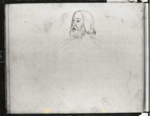 Kopf eines Bärtigen mit langen Haaren, im Dreiviertelprofil nach links gewandt : Rietschel, Ernst. Kopf eines Bärtigen mit langen Haaren, im Dreiviertelprofil nach links gewandt. Skizzenbuch B, fol. 5v. Bleistift; 16,7 x 20,6 cm (Blattgröße). Um 1825/1830/1831. Privatbesitz. WVZ S. 293