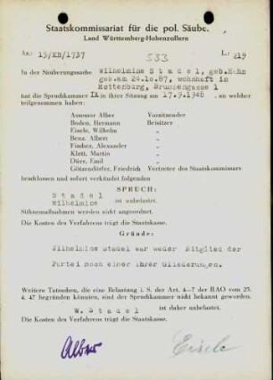 Stadel, Wilhelmine, geb. Hahn