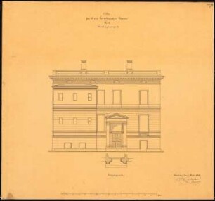 Villa Kemna, Breslau: Aufriss der Eingangsseite und Teilgrundriss des Eingangsportals, Maßstabsleiste