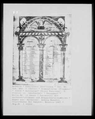 Evangelistar — Kanontafel mit Architekturrahmen und Evangelistensymbolen, Folio 10 verso
