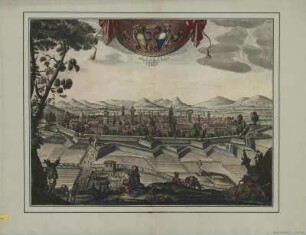 Ansicht von Lucca in Italien, Radierung, um 1724 : Lucques : Ville Capitale de la Repubiq. de Lucques ; Avec Privilege = Lvca / Par P. Mortier. - Amsterdam , [um 1724?]. - 1 Ansicht : Kupferstich ; 55 x 43 cm +++ Titelkartusche und Wappen oben Mitte
