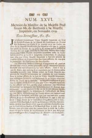 Num. XXVI. Memoire du Ministre de Sa Majesté Prussienne Mr. de Bartholdi à Sa Majesté Imperiale, en Novembr. 1709. ...