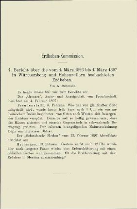 1. Bericht über die vom 1. März 1896 bis 1. März 1897 in Württemberg und Hohenzollern beobachteten Erdbeben