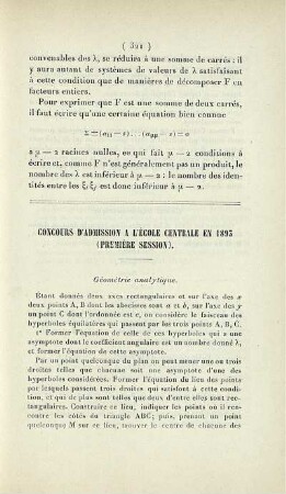 Concours d'admission a l'École Centrale en 1893 (première session).