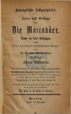 Arien und Gesänge aus: Die Maccabäer : Oper in drei Aufzügen