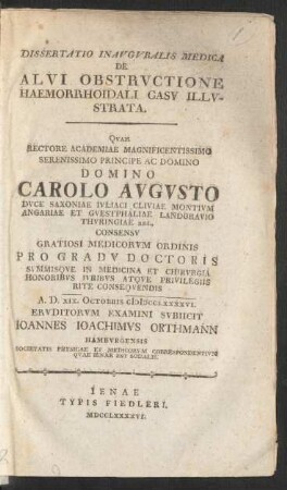 Dissertatio Inauguralis Medica De Alvi Obstructione Haemorrhoidali Casu Illustrata : Quam Rectore Academiae ... Consensu Gratiosi Medicorum Ordinis Pro Gradu Doctoris Summisque In Medicina Et Chirurgia Honoribus Iuribus Atque Privilegiis Rite Consequendis A. D. XIX. Octobris MDCCLXXXXVI. Eruditorum Examini Subiicit