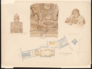 Synagoge, Berlin (Entwurf für einen Standort zwischen Wilhelm- und Mauerstraße): Vorderansicht, perspektivische Ansicht, perspektivische Innenansicht, Lageplan mit Grundriss