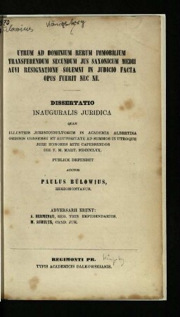 Utrum ad dominium rerum immobilium transferendum secundum jus Saxonicum medii aevi resignatione solemni in judicio facta opus fuerit nec ne