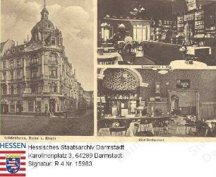 Bonn, Gildenhaus / Außenansicht und zwei Interieurs des Konzertcafés in der 1. Etage und des Bier-Restaurants (Inhaber O. Schlepphorst)