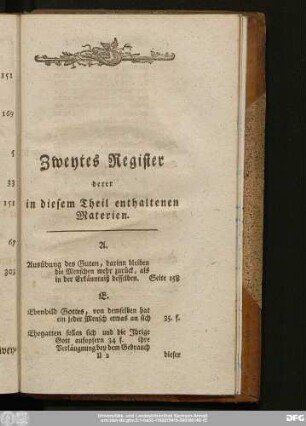 Zweytes Register derer in diesem Theil enthaltenen Materien.