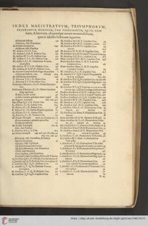 Index magistratvvm, trivmphorvm, propriorvm nominvm, tam personarvm, [...]quae in tabellis Fastorum leguntur
