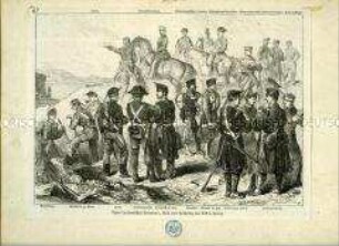 Uniformdarstellung, Militärs verschiedener Regimenter, Spanien, 1874.