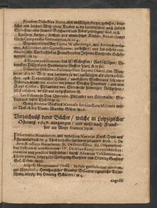 Verzeichnüß derer Bücher/ welche in Leipzigischer Ostermeß 1647. ausgangen/ und nicht nach Franckfurt am Meyn kommen seynd.