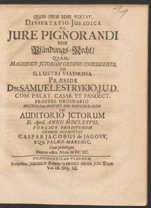 Dissertatio Iuridica De Iure Pignorandi