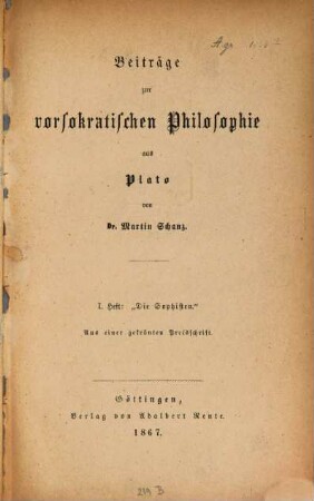 Beiträge zur vorsokratischen Philosophie aus Plato, 1. Die Sophisten