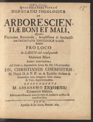Disputatio Theologica De Arbore Scientiae Boni Et Mali