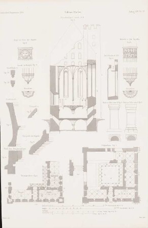 Ruine der Ordensburg Rheden: Grundriss EG, 1.OG, Schnitt AB, Details (aus: Atlas zur Zeitschrift für Bauwesen, hrsg. v. G. Erbkam, Jg. 16, 1866)