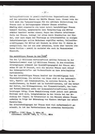 Informationen : Rolle der Frau in der CSSR, VR Polen, Rumänien, Australien, Großbritannien, Neuseeland und BRD