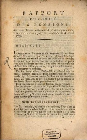 Rapport Du Comité Des Pensions, Sur une Lettre adressée à l'Assemblée Nationale