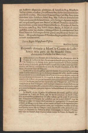 Réponse donnée à Mons. le Comte de Lobkowiz ...