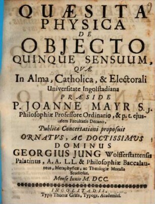 Quæsita Physica De Objecto Quinque Sensuum