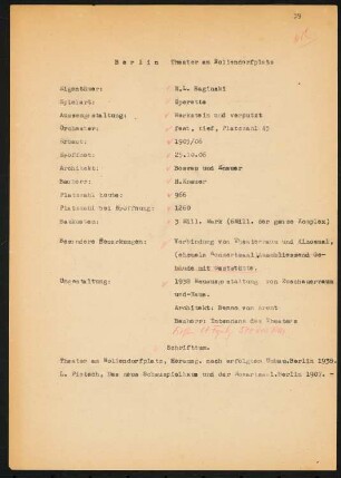 Theater am Nollendorfplatz (auch: Neues Schauspielhaus und Mozartsaal, Metropol), Berlin: Schriftstück zum Fragebogen für das Handbuch »Das Deutsche Theater«